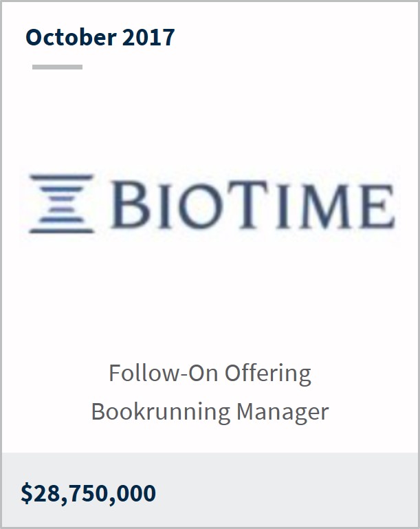 October 2017 BioTime Inc. $28,750,000 follow-on offering bookrunning manager