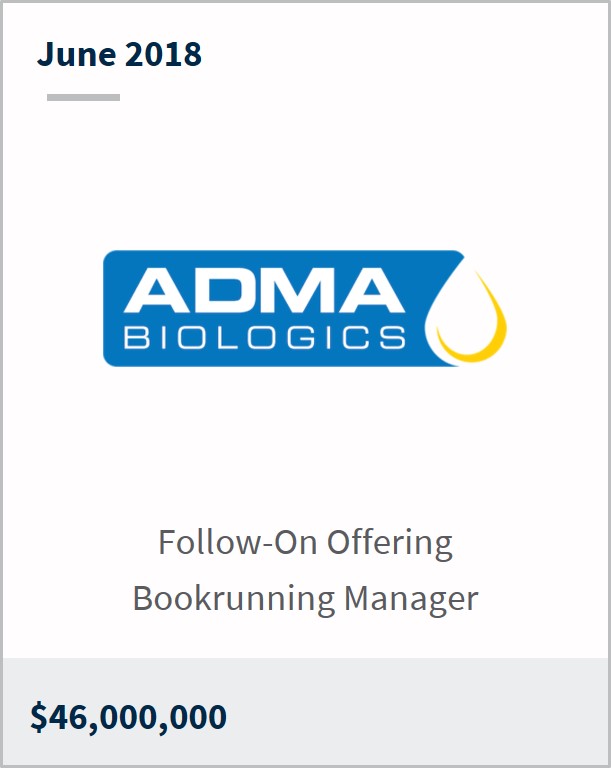 June 2018 ADMA Biologics $46,000,000 follow-on offering bookrunning manager
