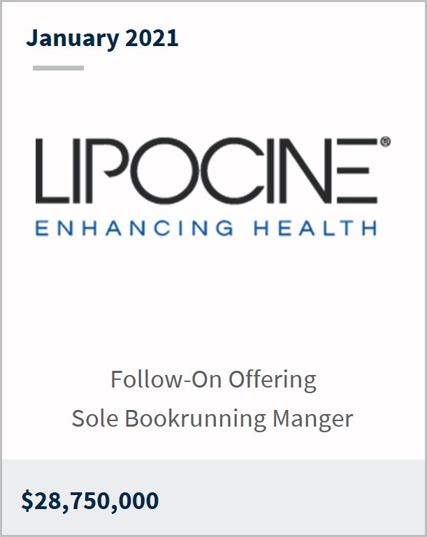 January 2021 Lipocine $28,750,000 follow-on offering sole bookrunning manager