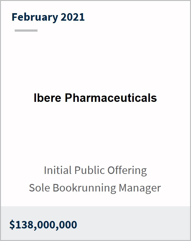 February 2021 Ibere Pharmaceuticals $138,000,000 initial public offering sole bookrunning manager