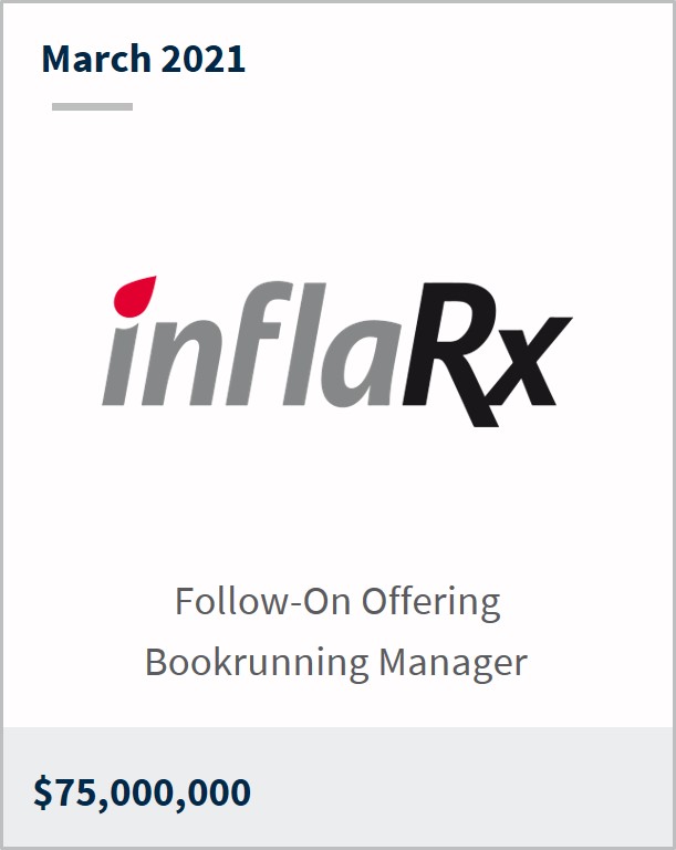 March 2021 InflaRx $75,000,000 follow-on offering bookrunning manager