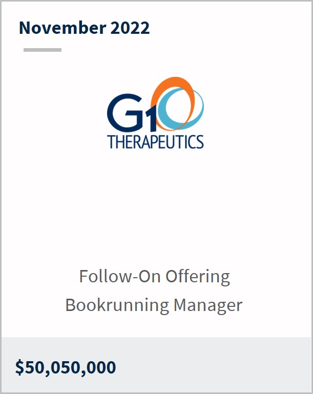 November 2022 G1 Therapeutics $50m Follow-On Offering Lead Bookrunning Manager