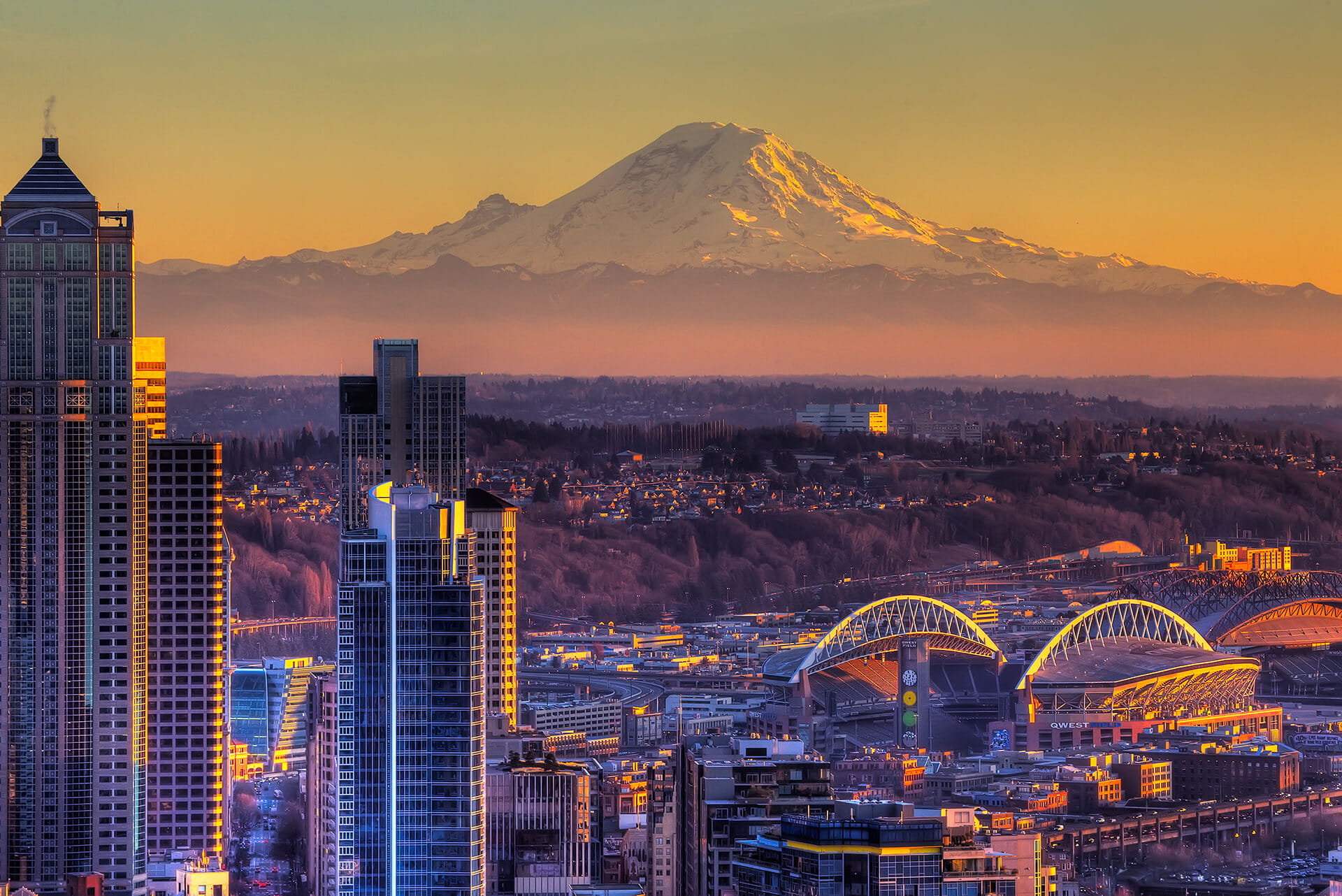 Aerial view of Seattle at Sunset