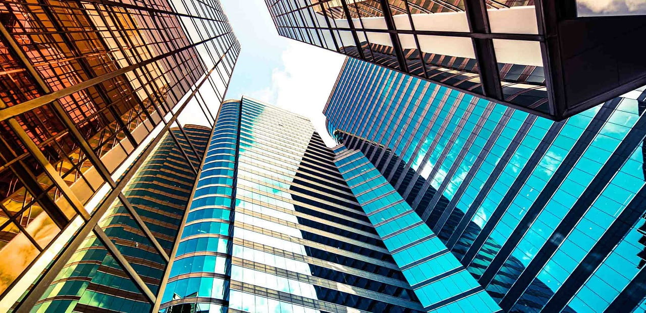 Low angle view of financial buildings
