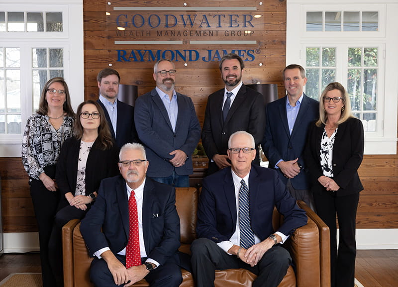 Goodwater Wealth Management Group team photo. (top row from left to right: Jodi Ellsworth, Angie Spinner, Anthony Carpenter, Doug Noble, Justin French, Greg Bowden, Jaynie Fields. Bottom row from left to right: Joe French, Rod Dahl.)
