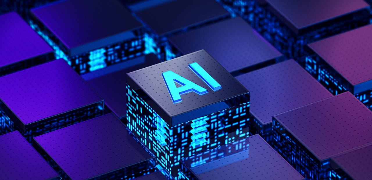 Computer-generated image of data tiles. The raised tile in the center says "AI" and is lit up with blue lights.