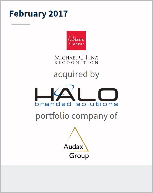 February 2017 Michael C Fina acquired by HALO branded solutions portfolio company of Audax Group