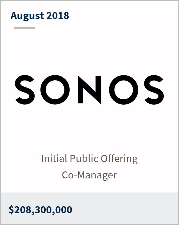 August 2018 Sonos Inc $208,300,000 initial public offering co-manager