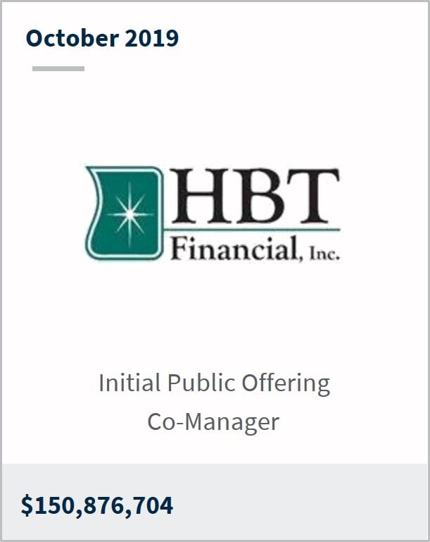 October 2019 HBT Financial $150,876,704 initial public offering co-manager