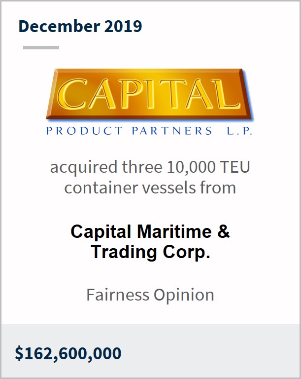 December 2019 Capital Product Partners has acquired three 10,000 TEU container vessels from Capital Maritime & Trading corp. $162,600,000
