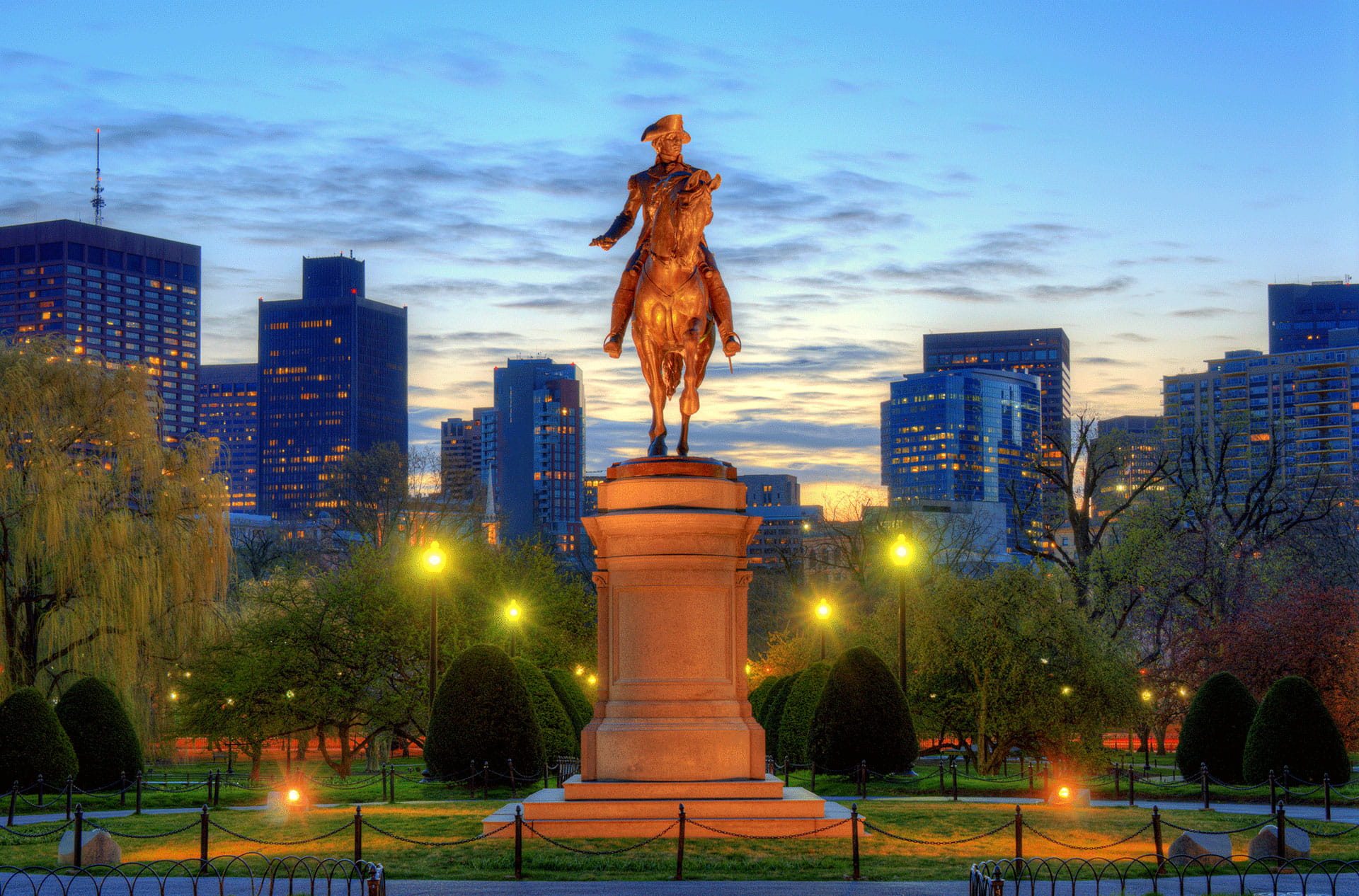 George Washington statue at sunset