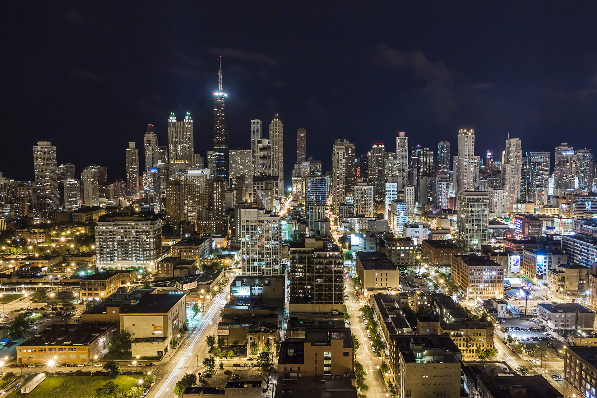 Aerial view of Chicago Skyline at Night