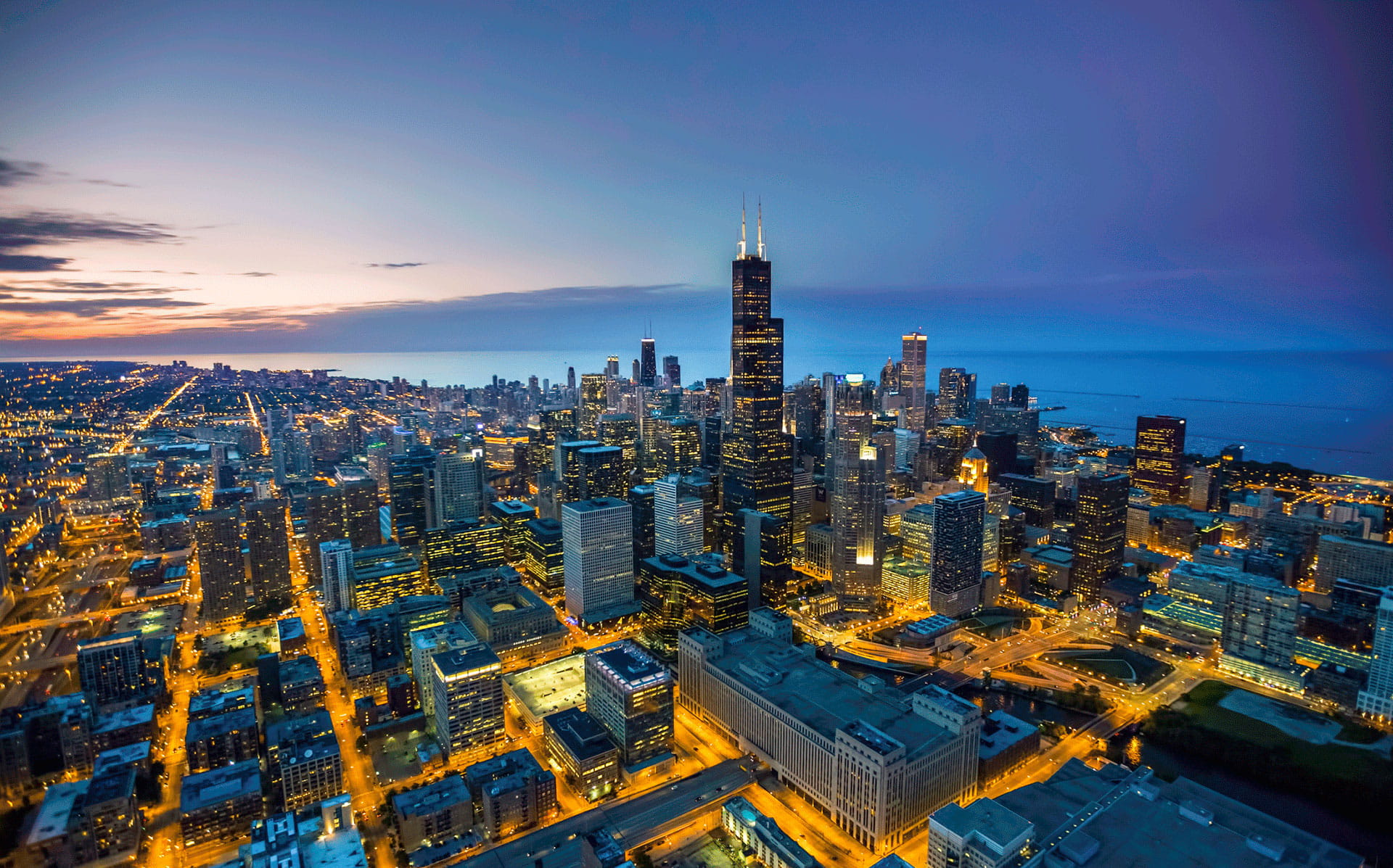 Aerial view of Chicago Skyline at Sunrise