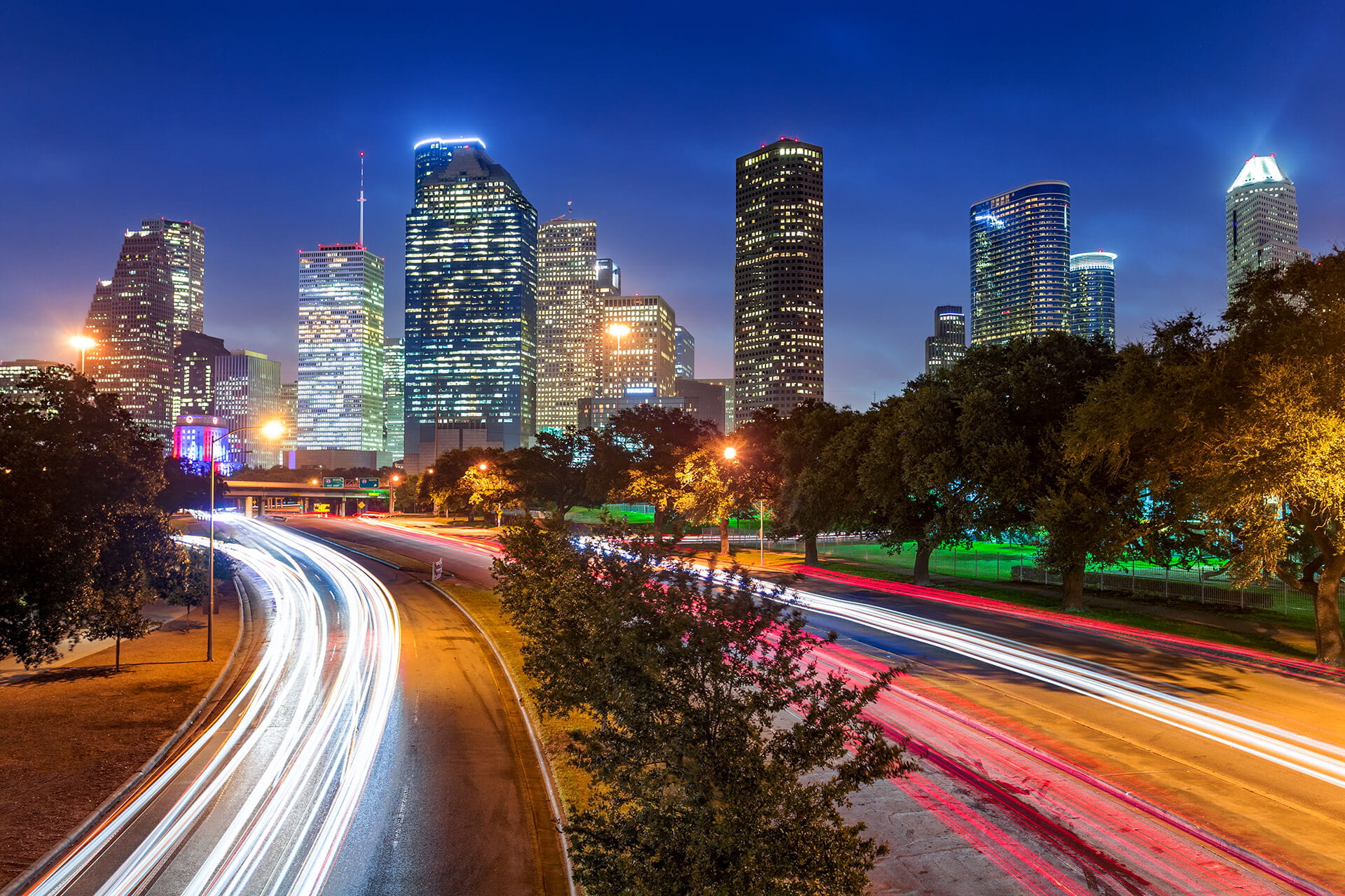 Houston Skyline Fast Traffic Lights at Night