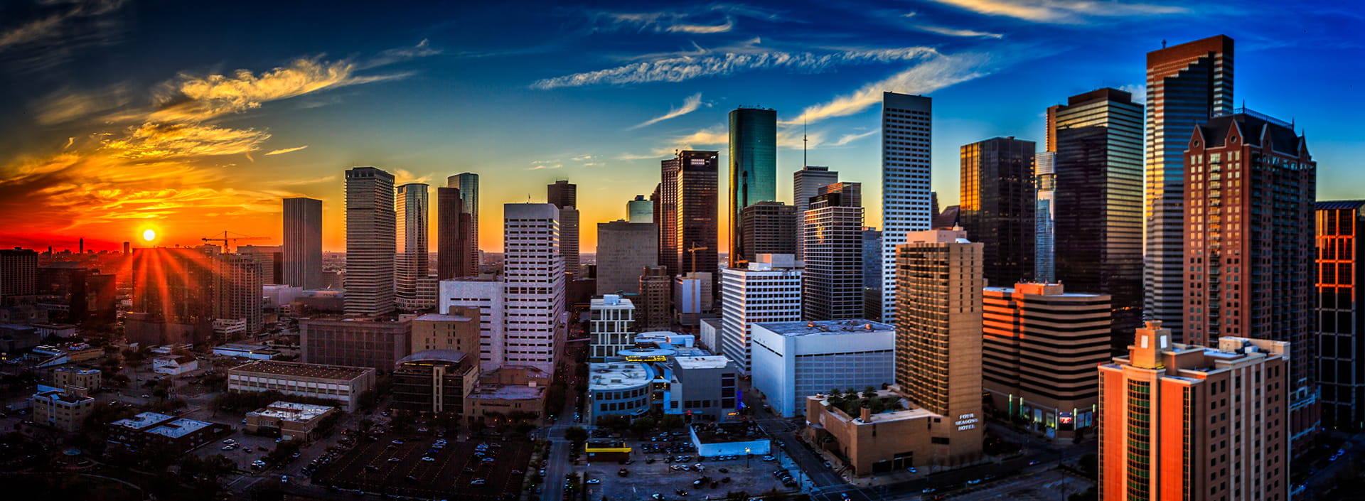 Aerial view of Houston Skyline at Sunset