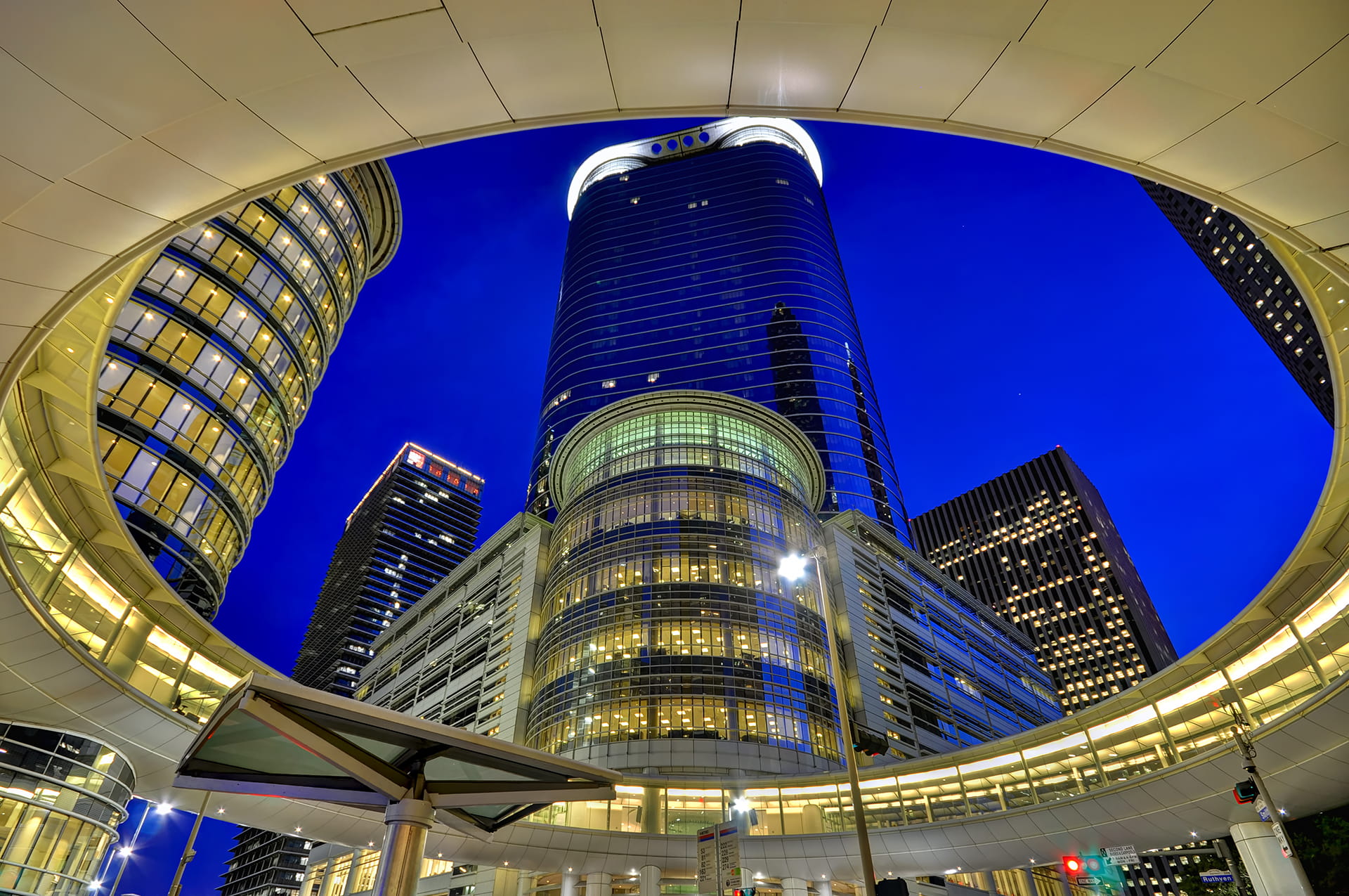 Modern circular architecture, Downtown Houston at night