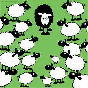 black sheep surrounded by white sheep - illustration
