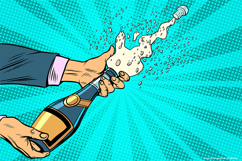 champagne bottle with popping cork illustration