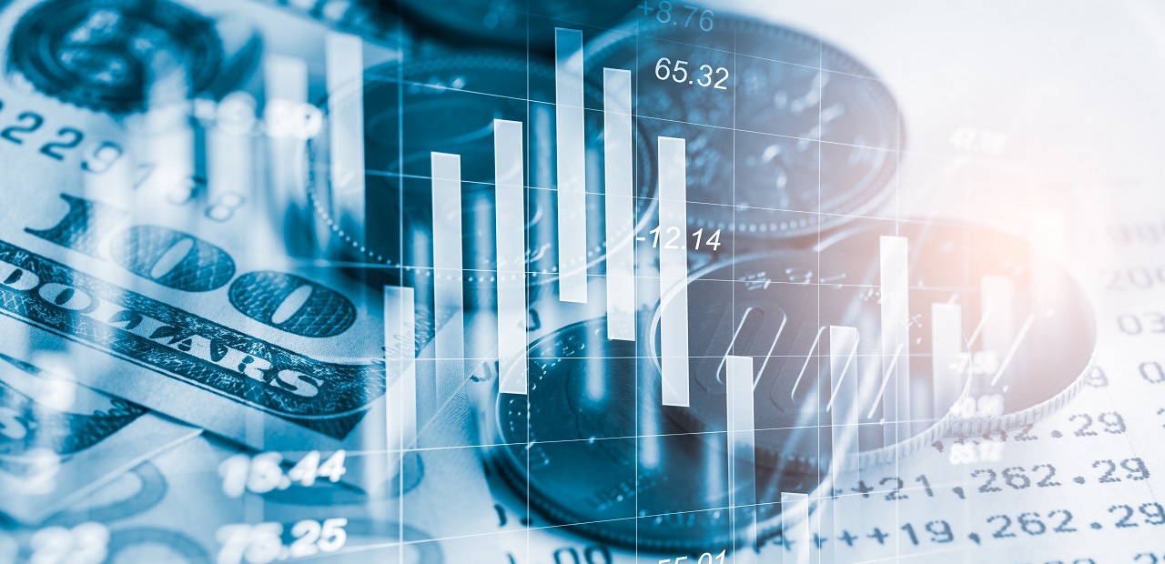 Overlaid images of coins, bills and a financial chart