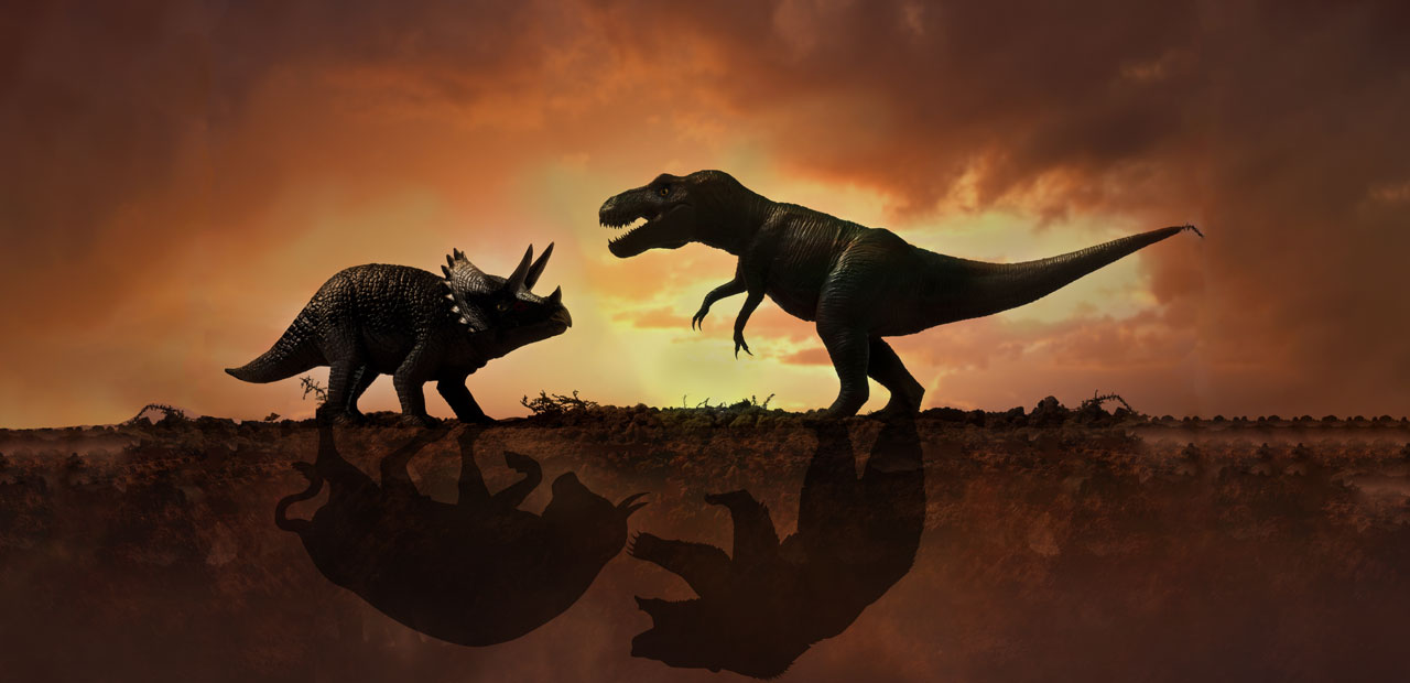 Two dinosaurs square off; their shadows display as a bull and bear