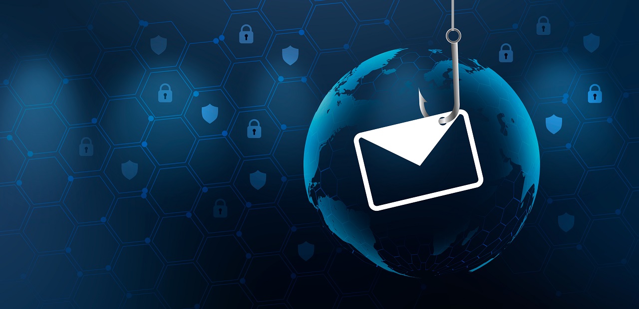 Illustration of an email envelope hanging from a fishing (phishing) hook, in front of a globe and security icon background